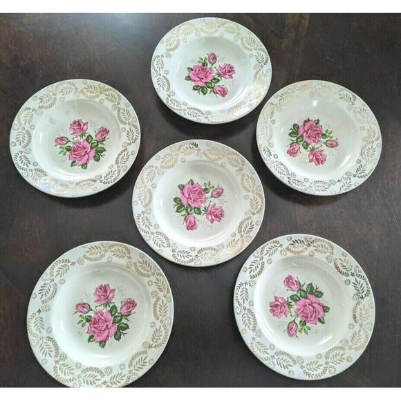 6 Antique Swinnertons Bone China 22 Karat Gold Laurel Rim 8" Bowls Century Rose - Picture 6 of 6